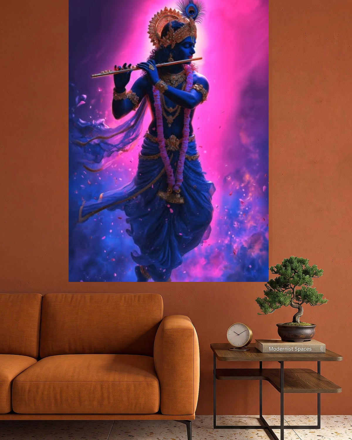 Lord Krishna Flute Divine Aura Wall Poster | Blue Krishna Spiritual Wall Art | 1 Poster