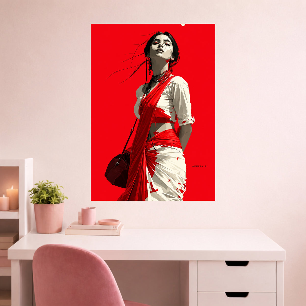 Red Saree Woman | Elegant Feminine Wall Poster | 1 Poster