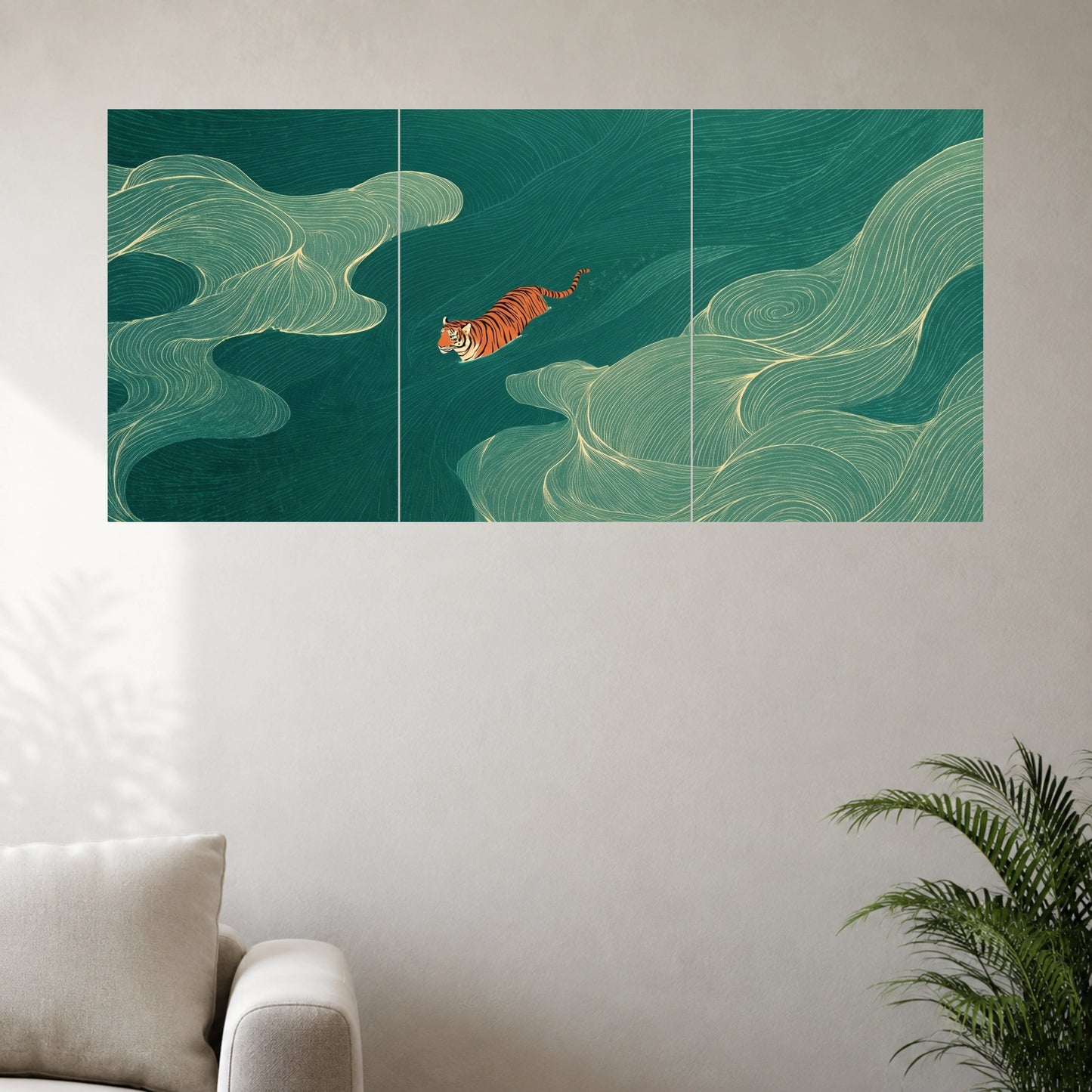 Floating Tiger in Green Waves | Abstract Wildlife Wall Poster | 3 Posters