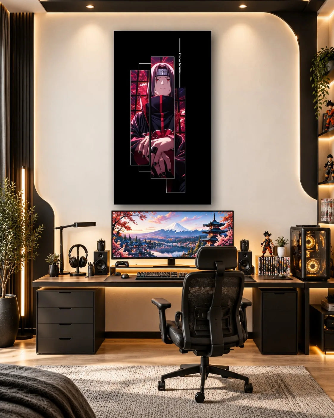 Itachi Uchiha split across vertical panels in magenta light on black