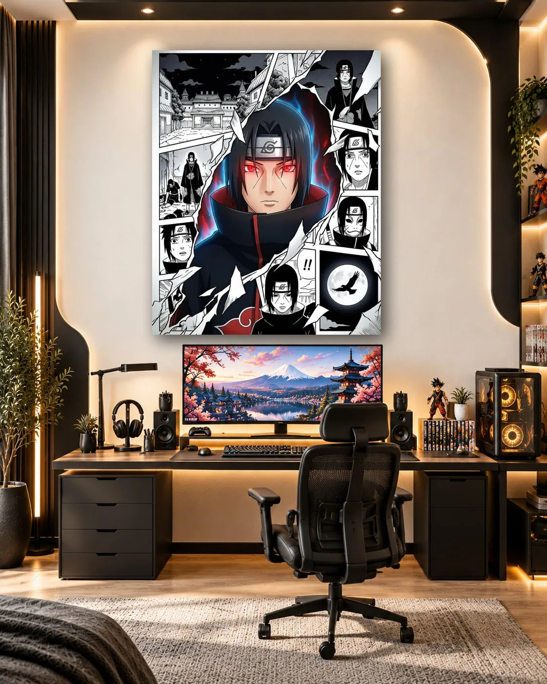 Itachi Uchiha bursting through black-and-white manga panels with a blue glow