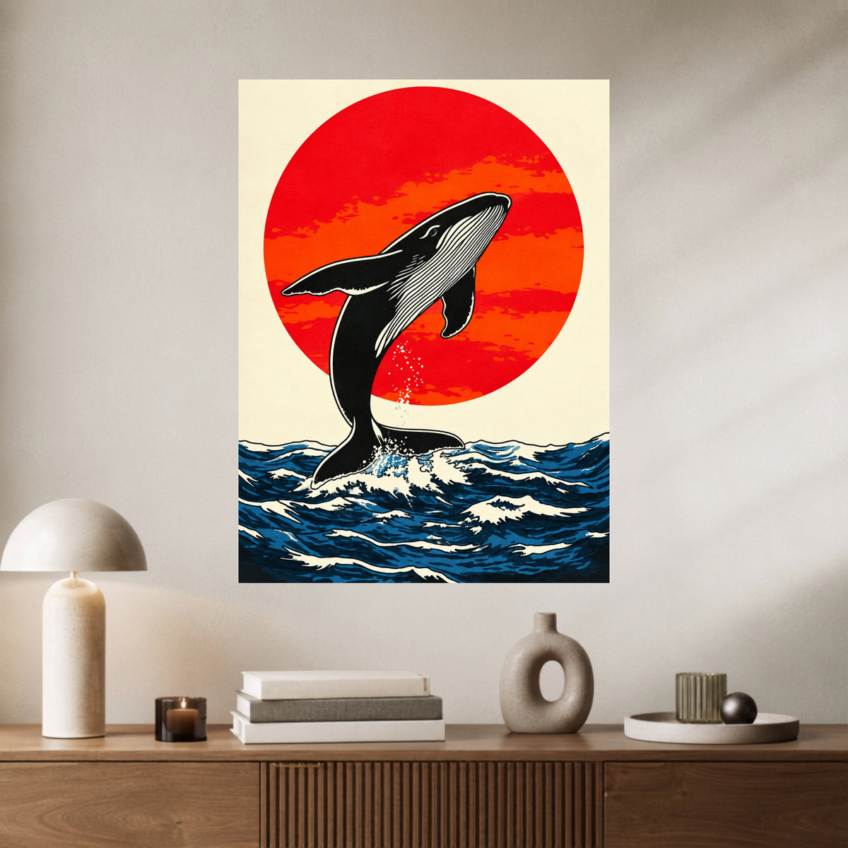 Whale & Red Sun | Ocean Aesthetic Wall Poster | 1 Poster