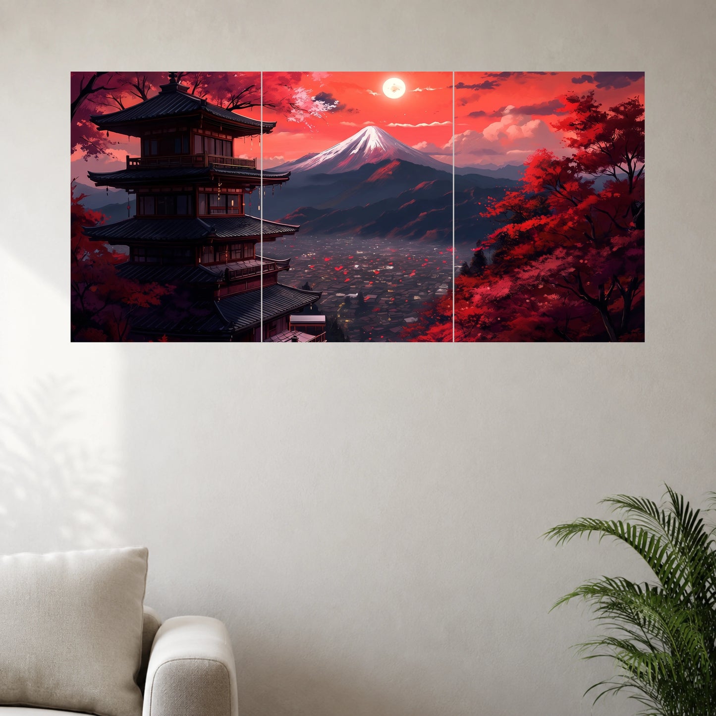 Japanese Pagoda & Mount Fuji | Red Sunset Wall Poster | 3 Posters