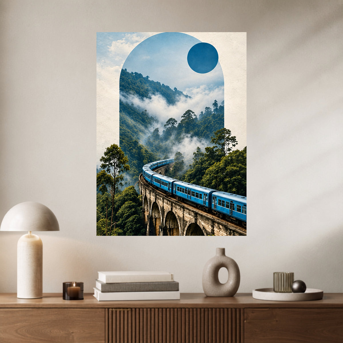 Blue Train Through Mountains | Scenic Nature Aesthetic Wall Poster | 1 Poster