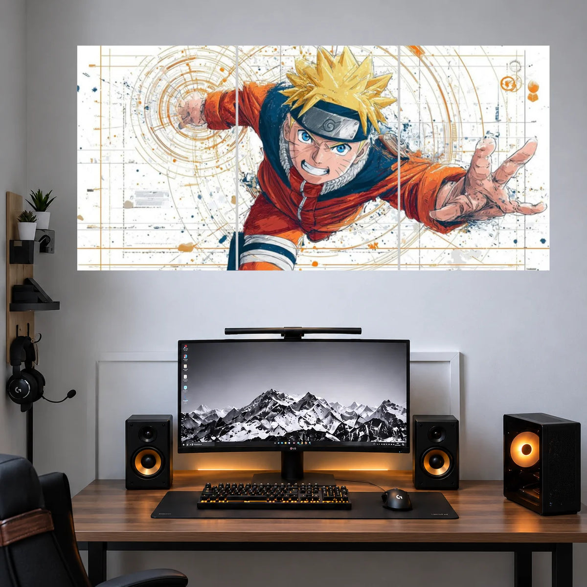 Naruto Watercolor Running Ninja anime 3 split wall poster