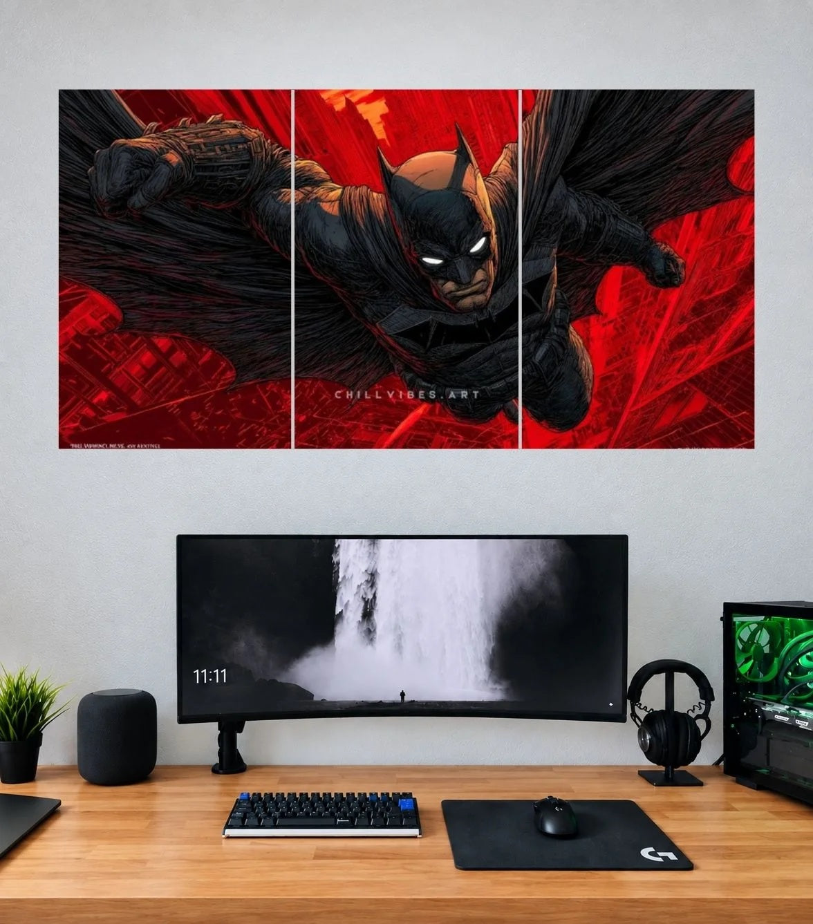 Batman Red Shadow Flight 3 panel wall poster mockup