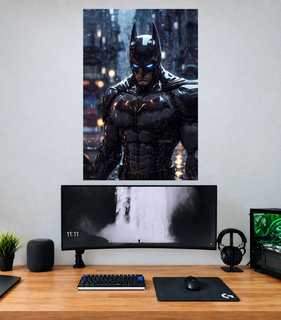 Batman Rainfall Armored Guardian single wall poster mockup