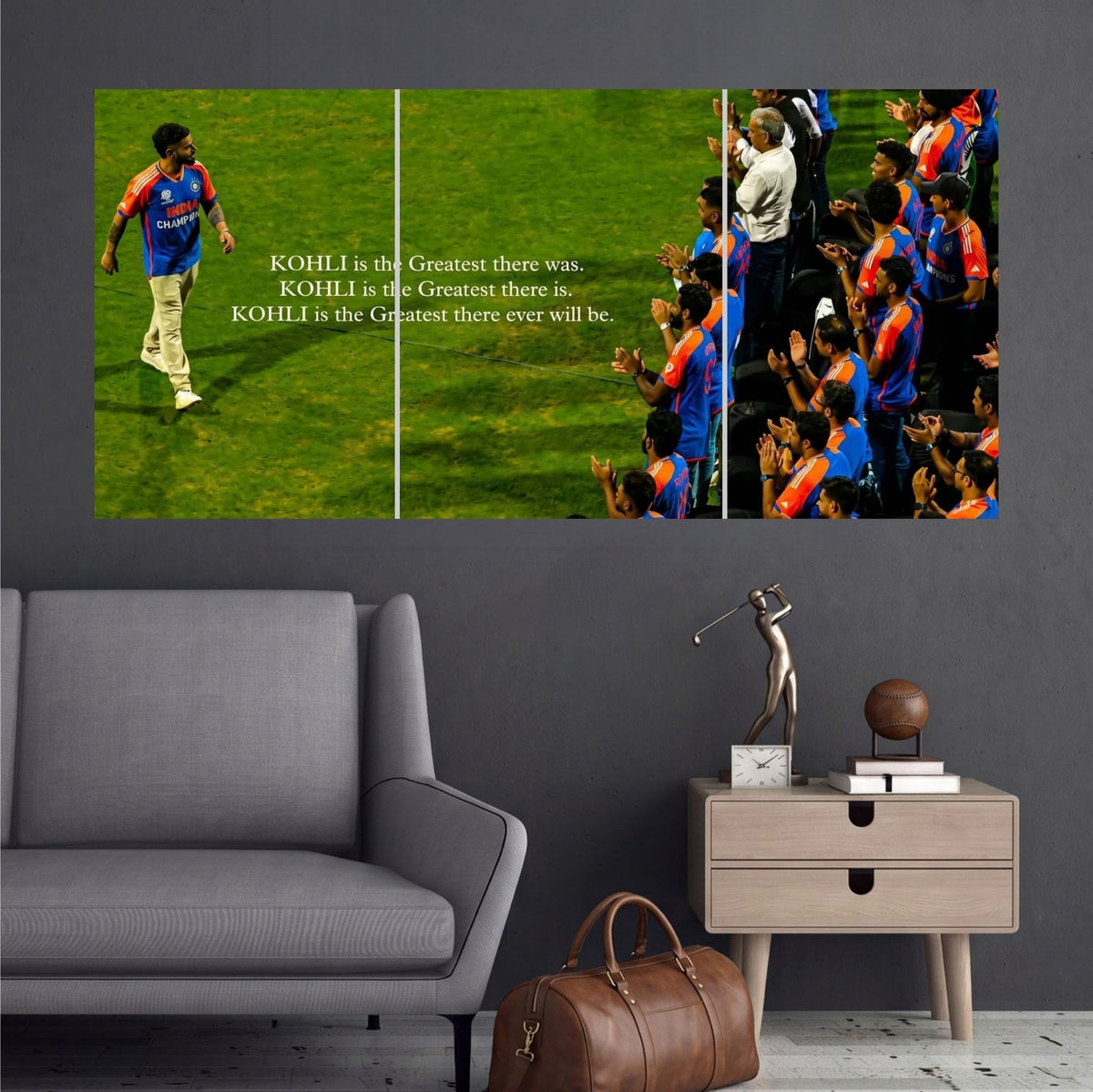 Virat Kohli RCB Believe Cricket Wall Posters 3 split room mockup
