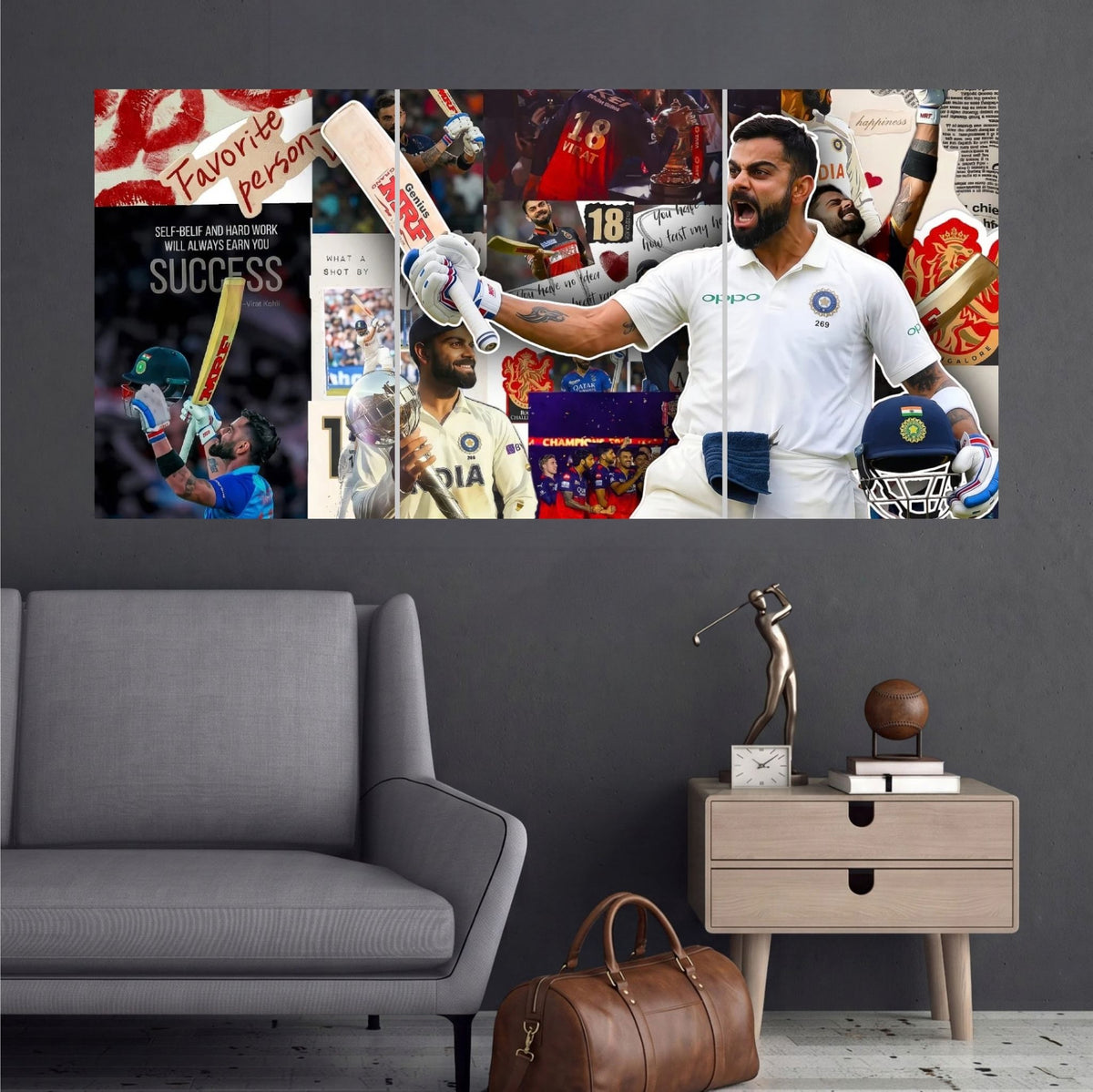 Virat Kohli Cricket Career Collage Wall Posters 3 split room mockup