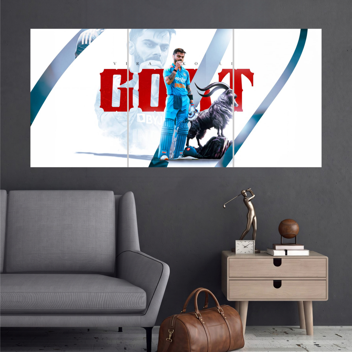 Virat Kohli GOAT Cricket Edition 3 split cricket wall poster mockup