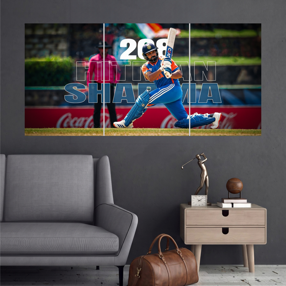 Virat Kohli Champion 2026 Edition 3 split cricket wall poster mockup