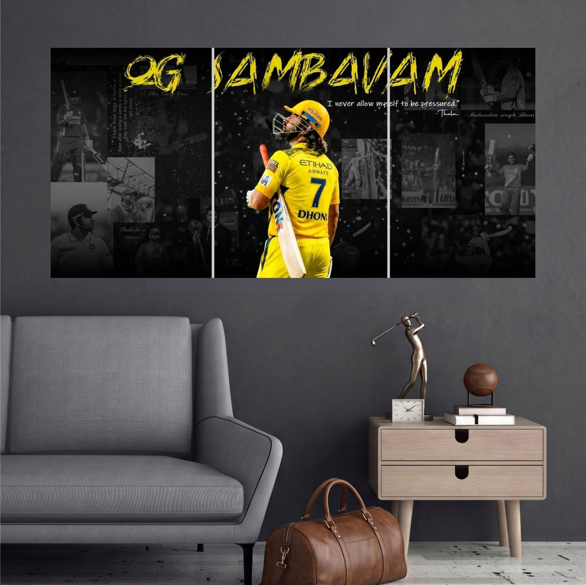 MS Dhoni Thala CSK 07 Cricket Wall Posters 3 split room mockup