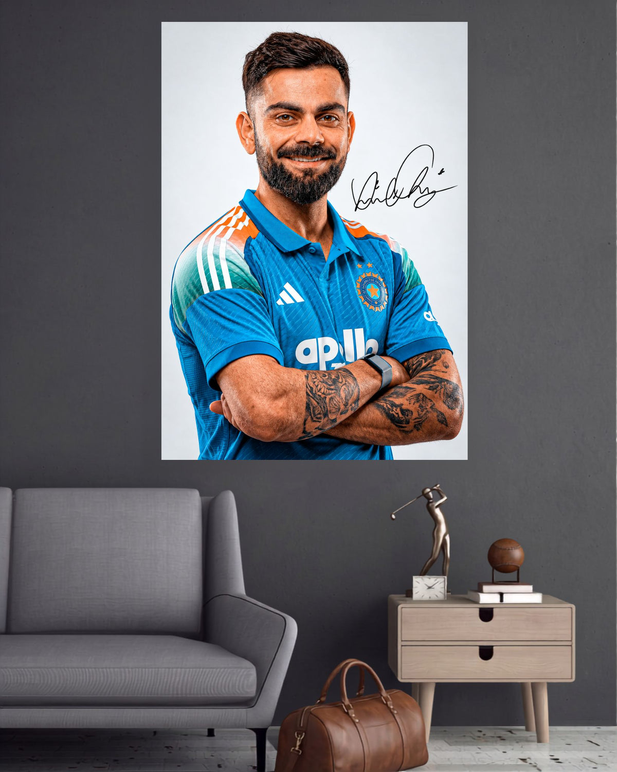 Virat Kohli Smiling Blue Portrait Cricket Wall Poster