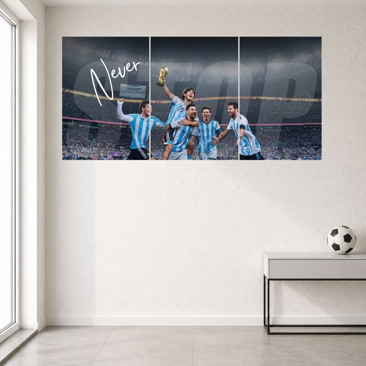Lionel Messi Argentina Never Give Up Football Wall Posters 3 split room mockup