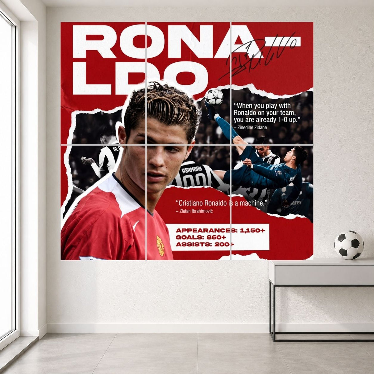 Cristiano Ronaldo Manchester United Red Legacy Collage 6-split wall poster set, six A3 panels displayed in two rows of three