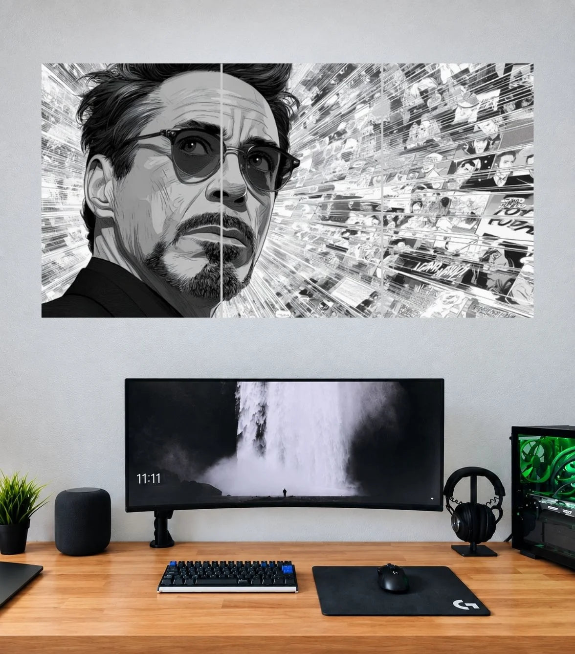 Tony Stark Monochrome Sketch Portrait Edition Iron Man 3 split panoramic poster mockup