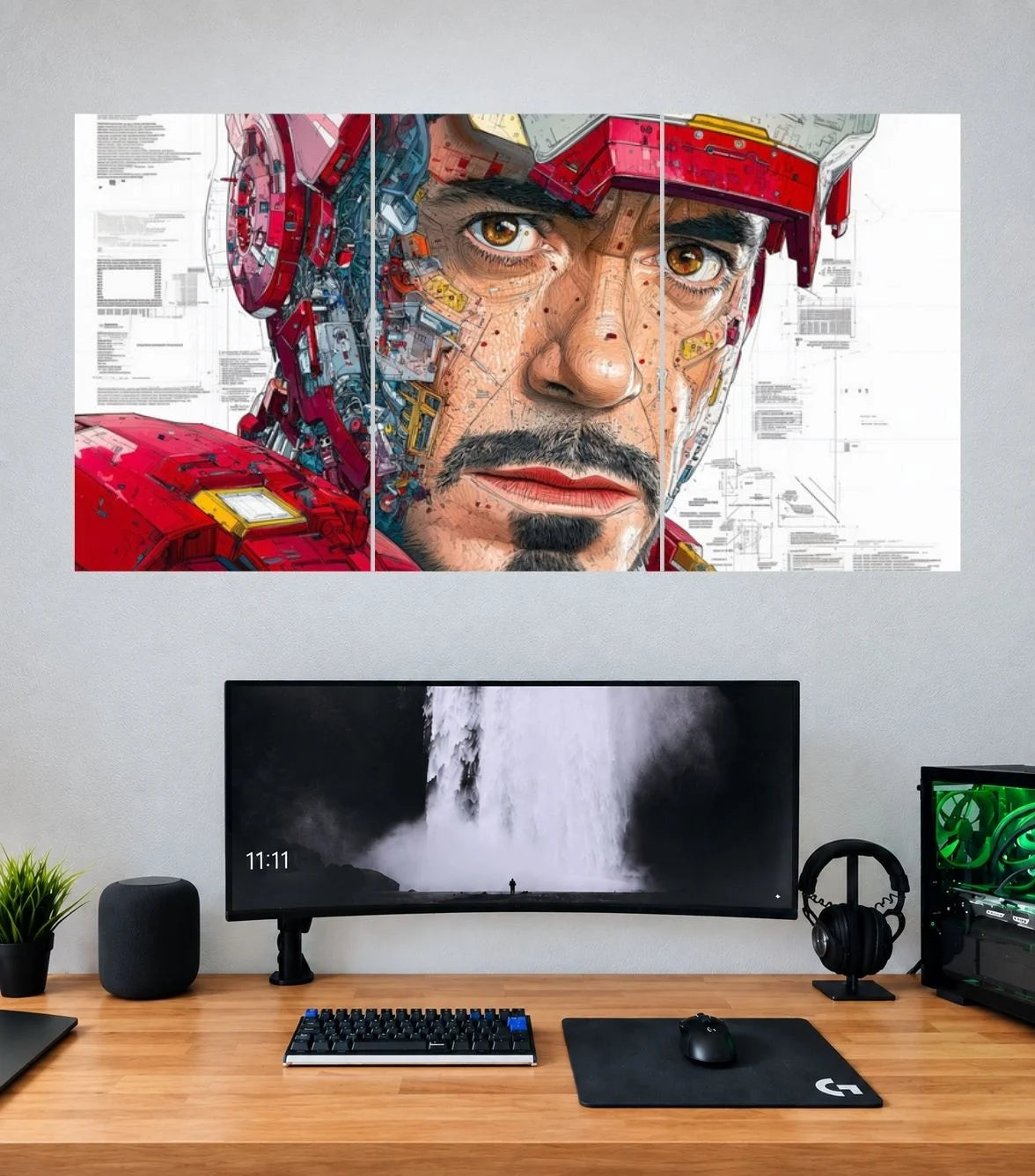 Tony Stark Red White Glitch Armor Edition Iron Man 3 split panoramic poster mockup