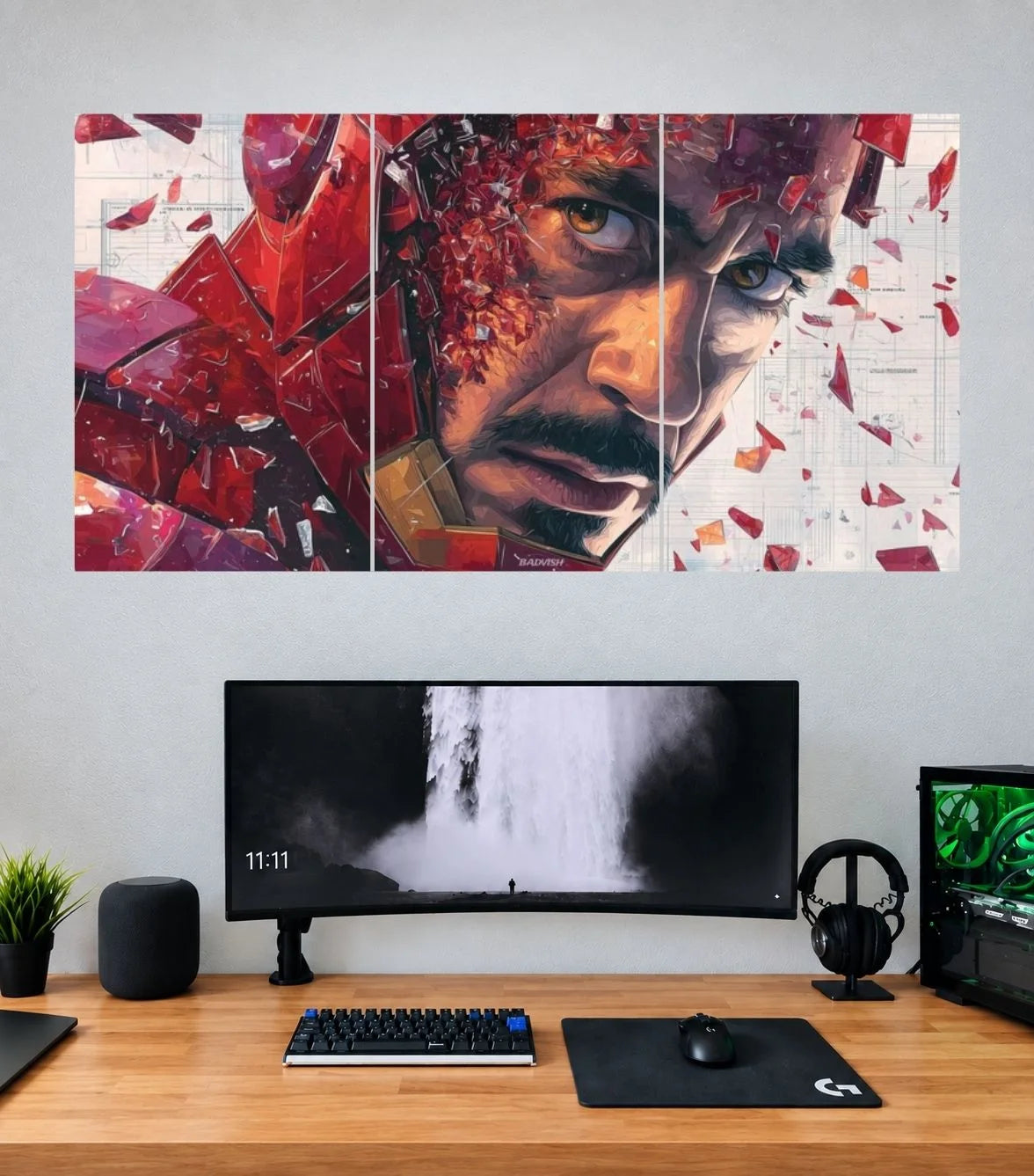Tony Stark Crimson Shattered Portrait Edition Iron Man 3 split panoramic poster mockup