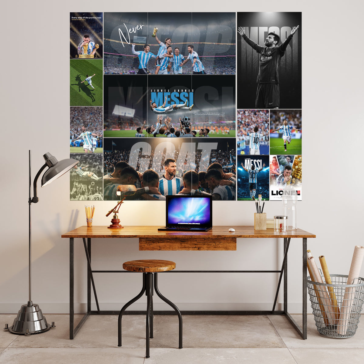 Lionel Messi Never Stop wall collage room setup mockup