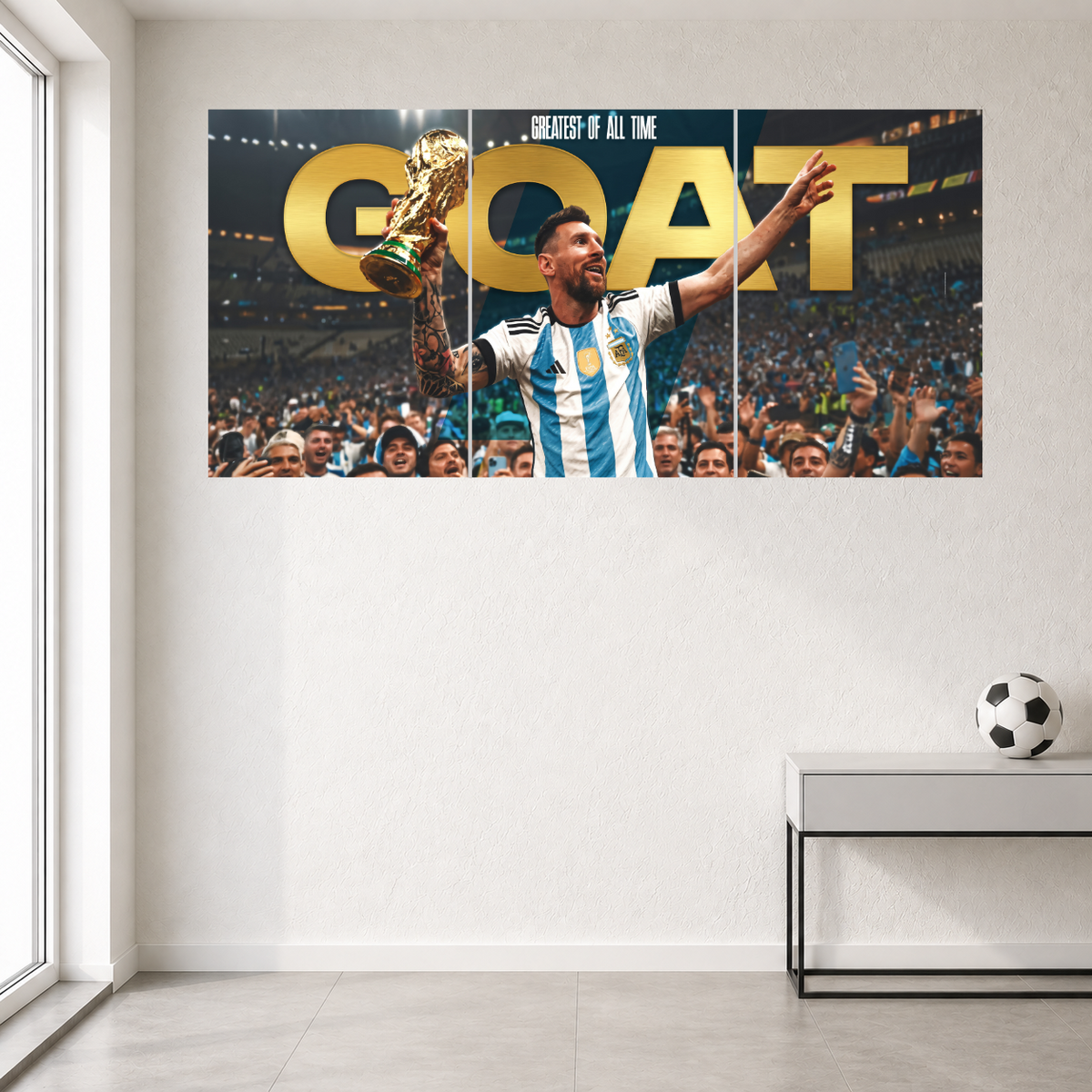 Lionel Messi Golden GOAT World Cup trophy football three split wall poster original mockup