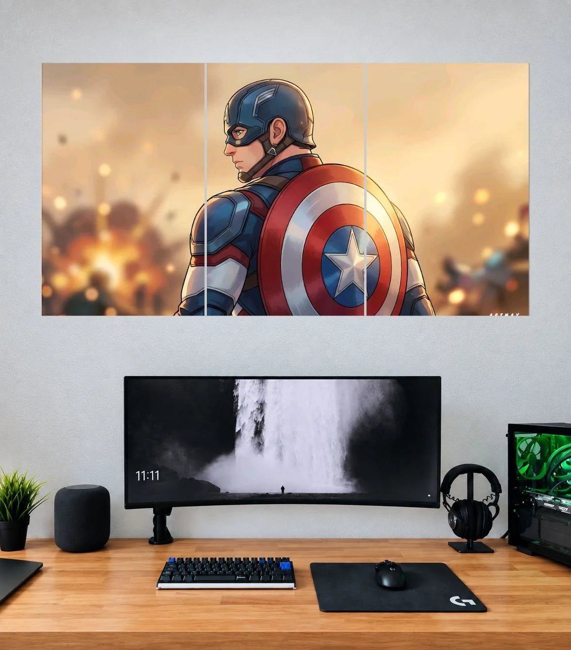 Captain America Shield Warrior Edition three split panoramic wall poster mockup