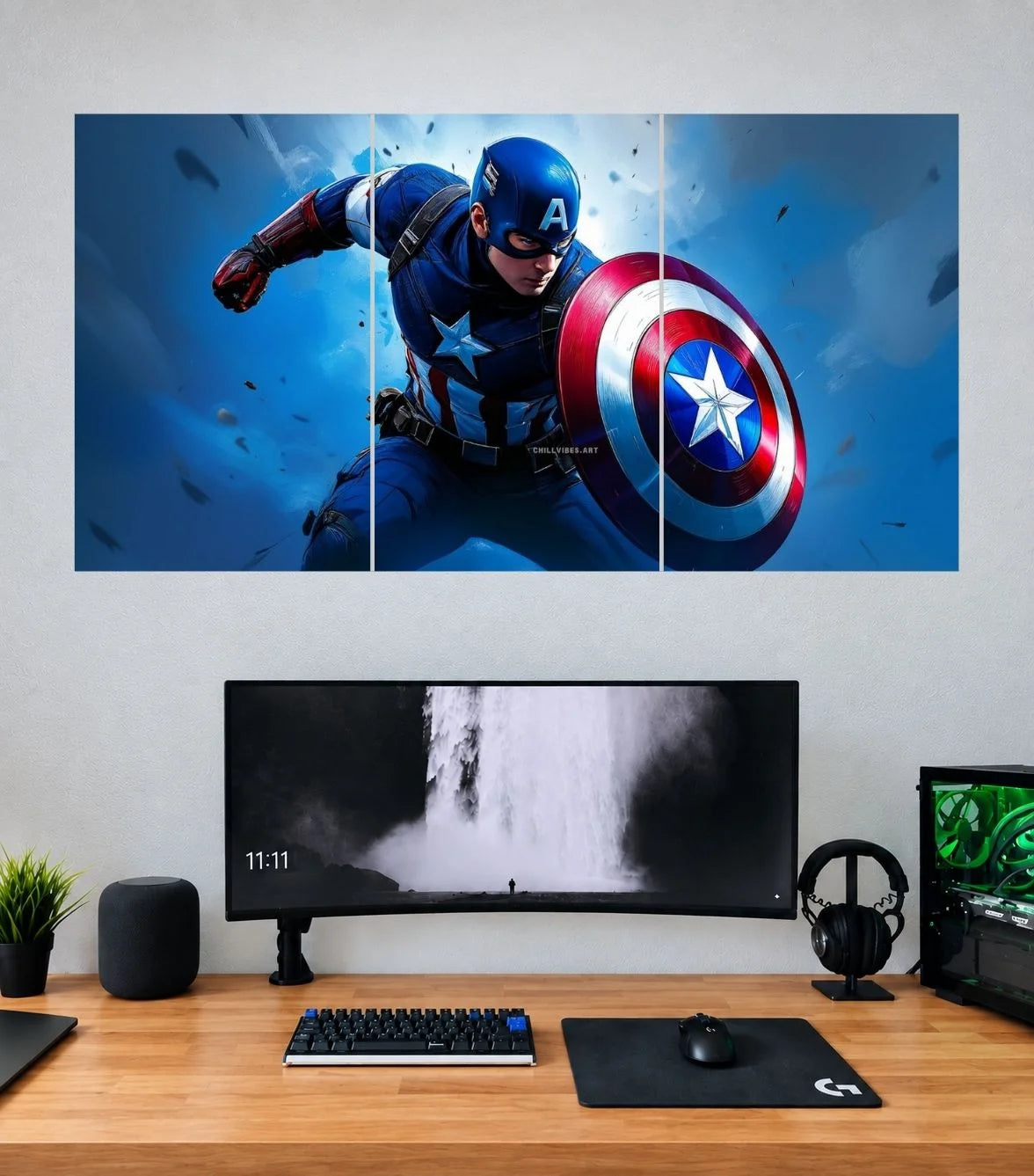 Captain America Blue Battle Charge Edition three split panoramic wall poster mockup