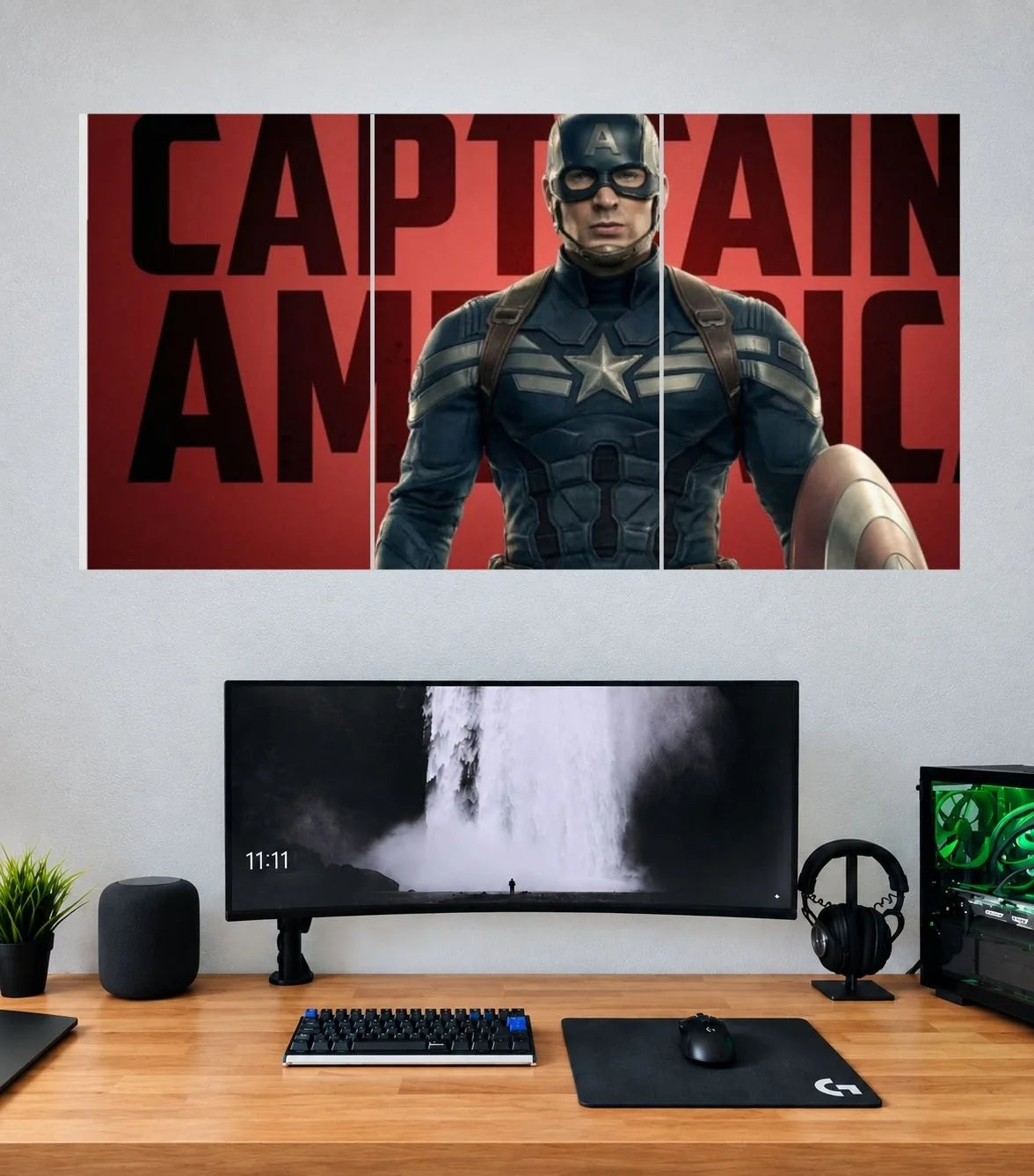 Captain America Red Typography Hero Edition three split panoramic wall poster mockup