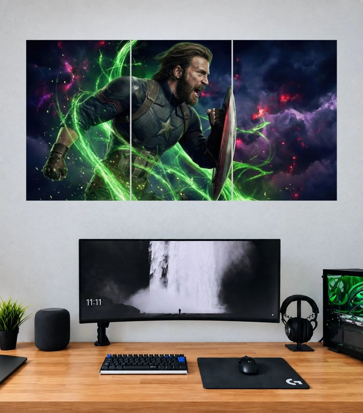 Captain America Cosmic Green Energy Edition three split panoramic wall poster mockup