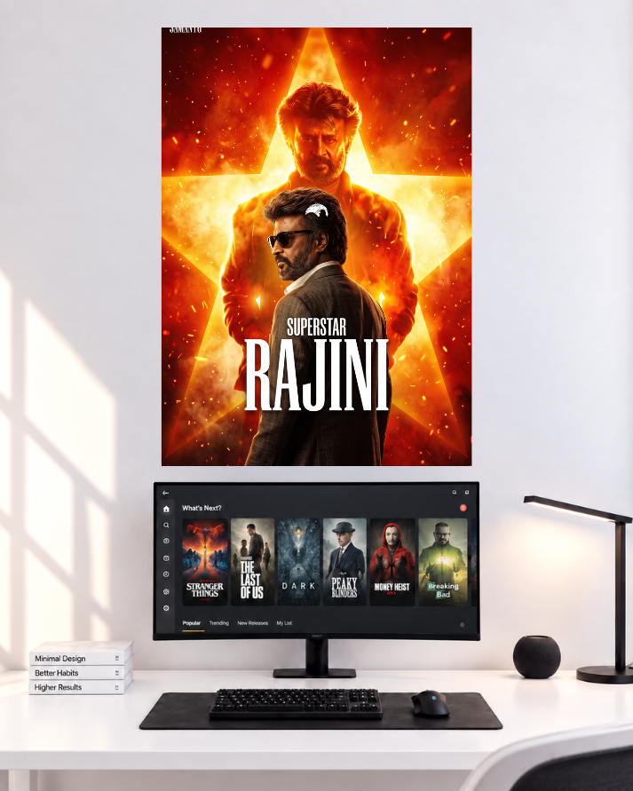 Rajinikanth Fiery Silhouette original single poster mockup