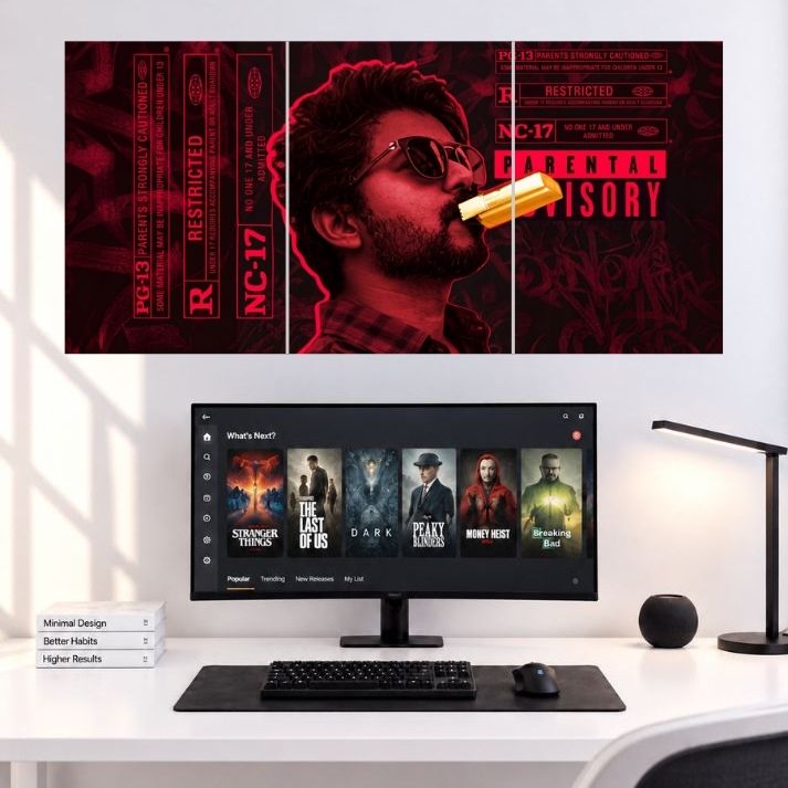 Thalapathy Vijay Parental Advisory Red Edition movie 3 split wall poster mockup displaying three side-by-side poster panels