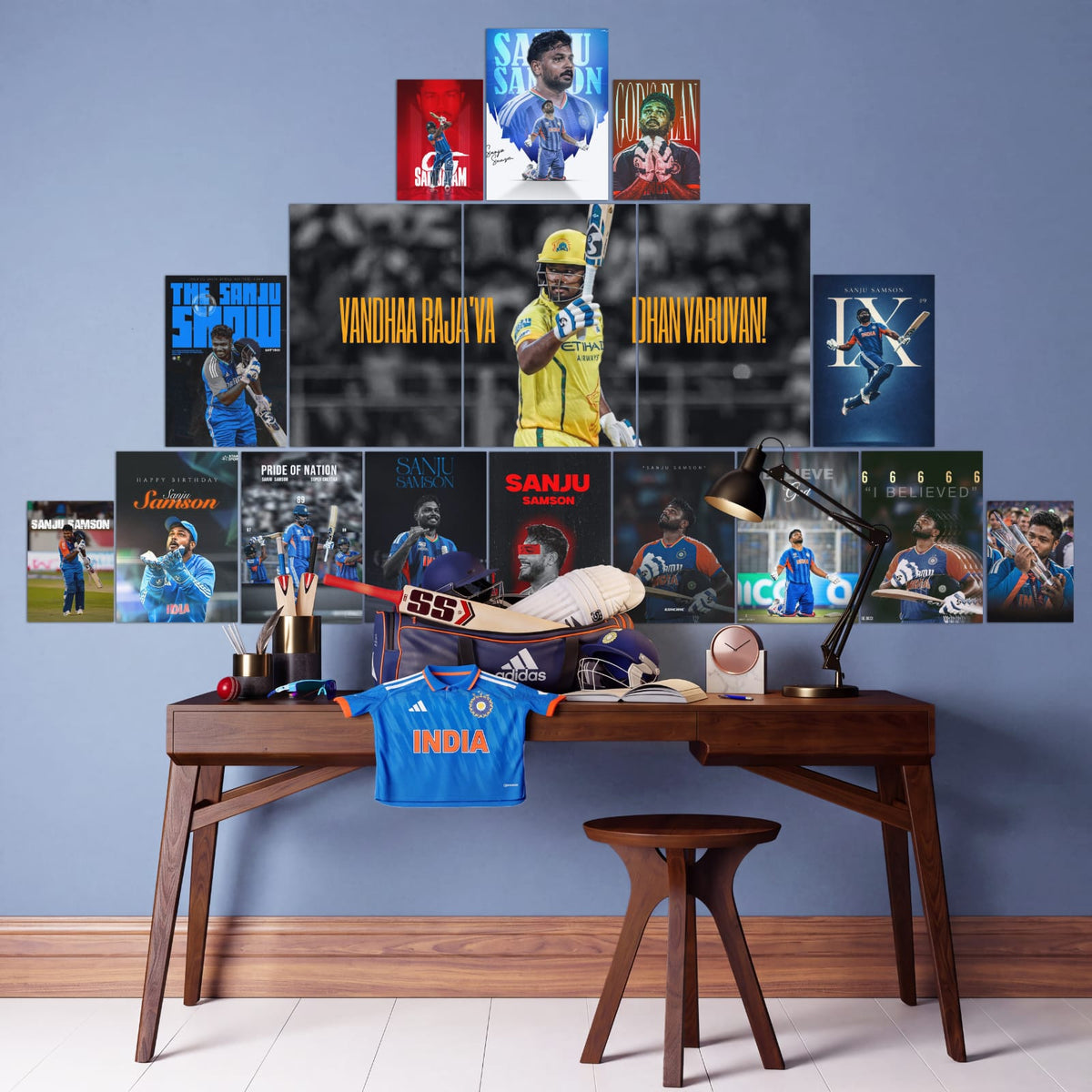 Sanju Samson Yellow Jersey Wall Setup | Cricket Wall Posters | Wall Setup Pack original wall setup mockup