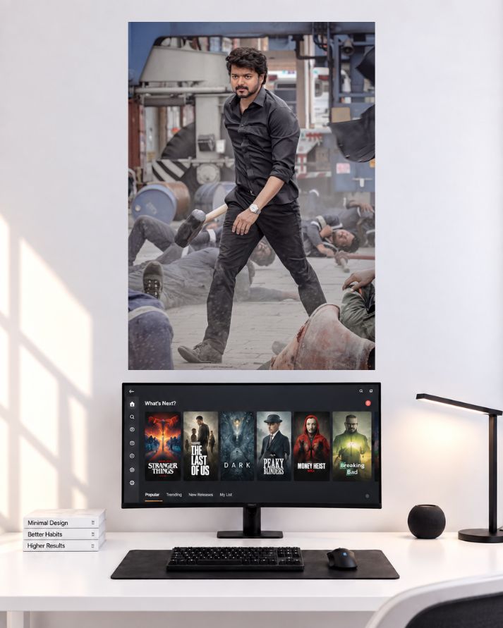Thalapathy Vijay Black Outfit Action Movie Wall Poster