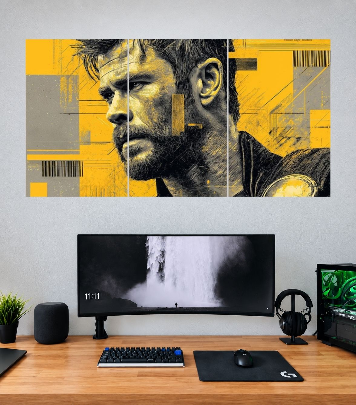 Thor Yellow Monochrome Sketch Portrait Edition Thor 3 split panoramic wall poster mockup