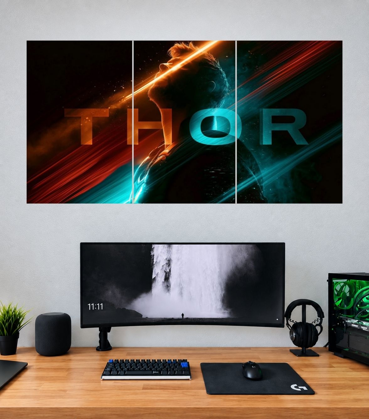Thor Neon Blue Red Typography Edition Thor 3 split panoramic wall poster mockup