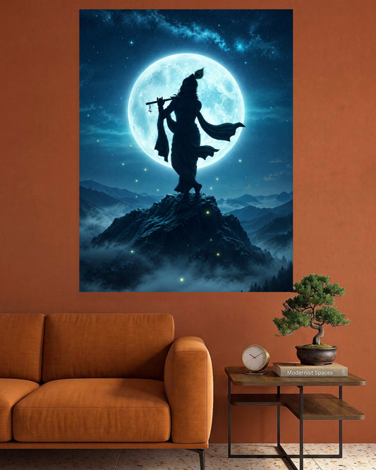 Lord Krishna | Divine Flute Moonlight Spiritual Wall Poster | 1 Poster