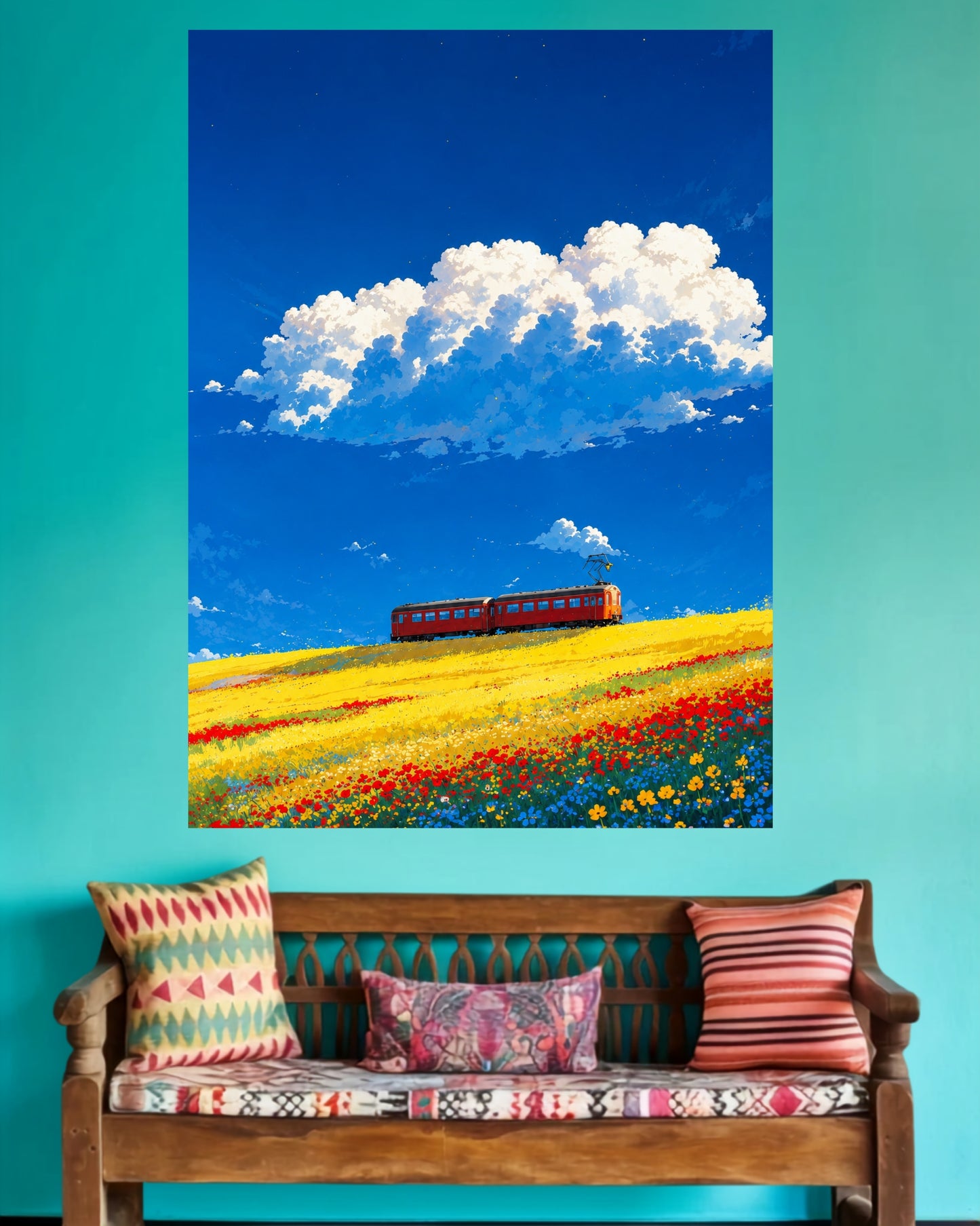 Red Train Through Flower Fields | Scenic Nature Home Decor Wall Poster | 1 Poster