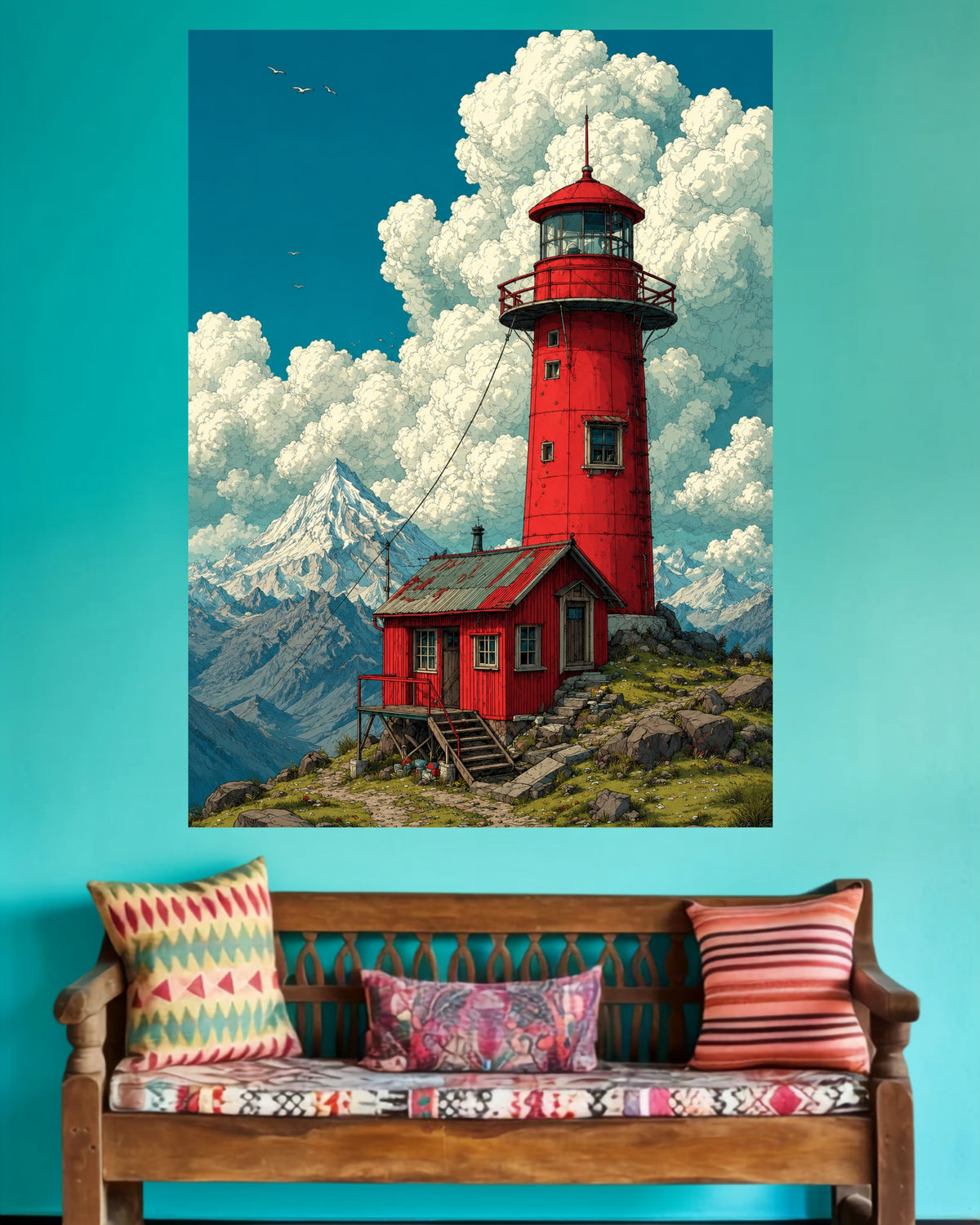 Red Lighthouse in the Mountains | Scenic Home Decor Wall Poster | 1 Poster