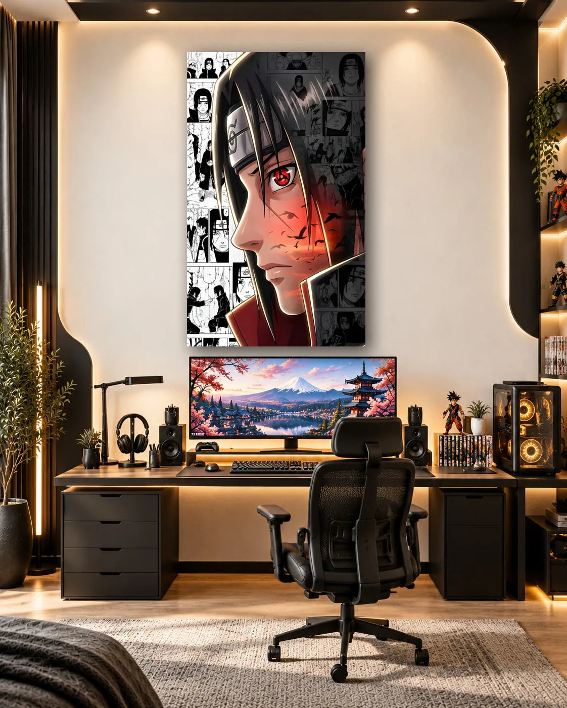 Itachi Uchiha side profile with Mangekyou Sharingan and sunset crows against manga panels