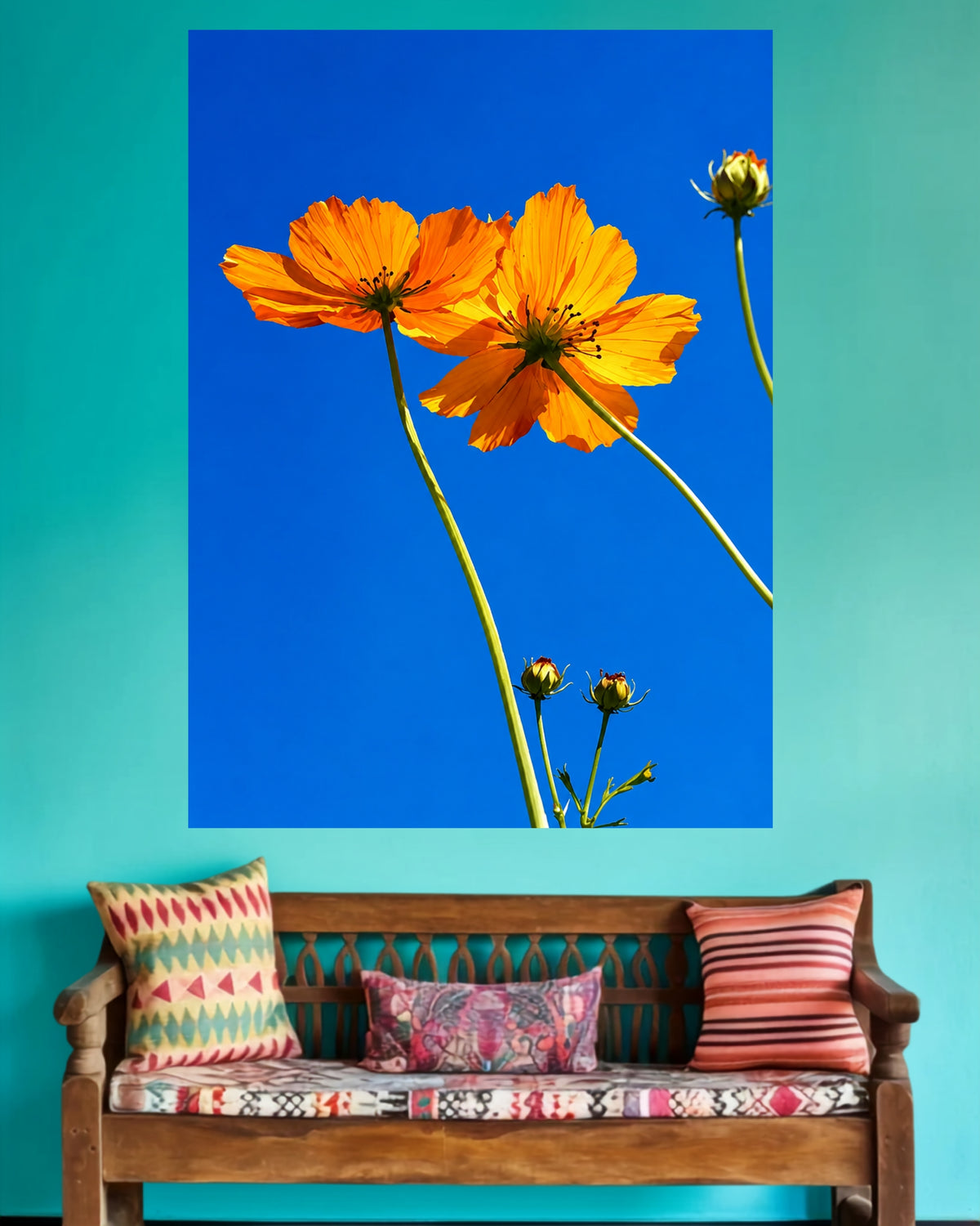 Orange Flowers Against Blue Sky | Floral Home Decor Wall Poster | 1 Poster