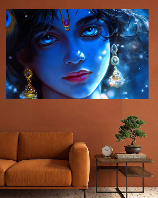 Lord Krishna Face Wall Poster | Blue Krishna Divine Portrait Wall Art | 1 Poster