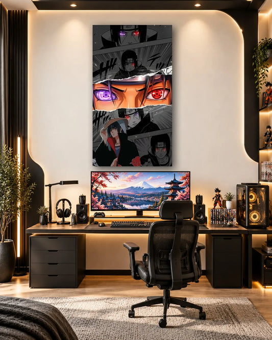 Torn manga collage of Itachi Uchiha with a colour panel of Rinnegan and Sharingan eyes