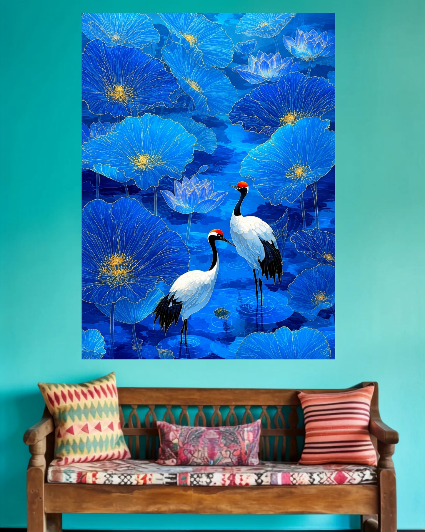 Blue Lotus Pond with Cranes | Nature Home Decor Wall Poster | 1 Poster