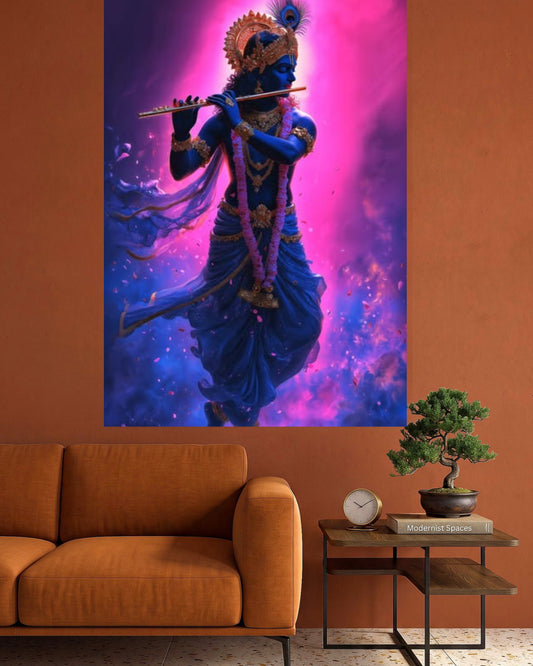Lord Krishna Flute Divine Aura Wall Poster | Blue Krishna Spiritual Wall Art | 1 Poster