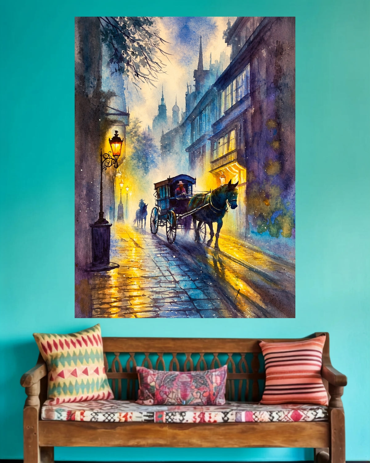 Vintage Horse Carriage | Rainy Street Art Wall Poster | 1 Poster