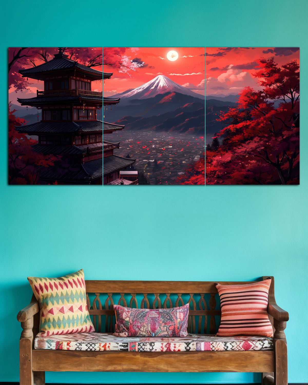 Japanese Pagoda & Mount Fuji | Red Sunset  Wall Poster |  3 Posters