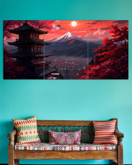 Japanese Pagoda & Mount Fuji | Red Sunset  Wall Poster |  3 Posters