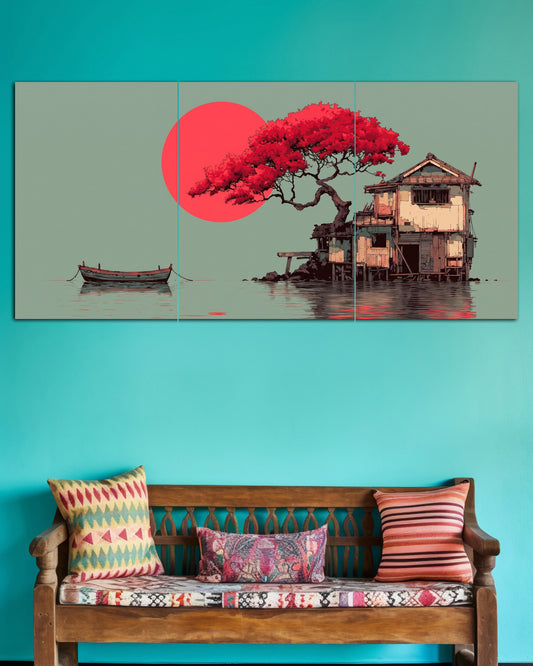 Red Tree Lakeside House | Japanese Minimalist Wall Poster | 3 Posters