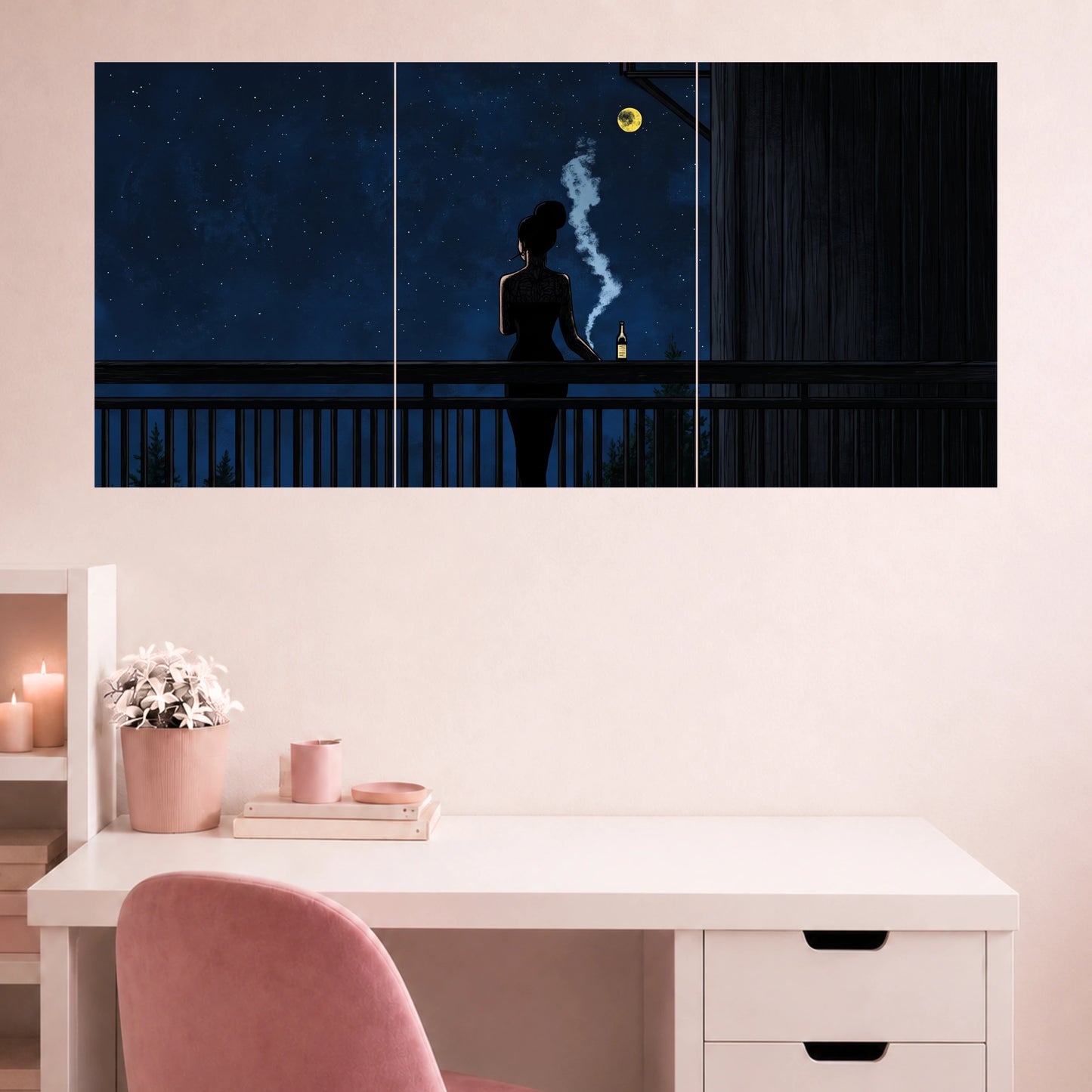 Midnight Balcony Silhouette | Moonlight Aesthetic Wall Poster | 3 Posters