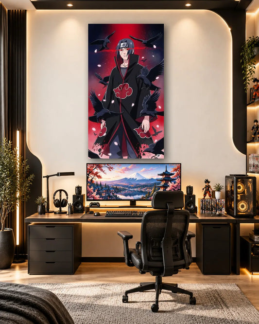 Itachi Uchiha in his Akatsuki cloak under a crimson sky with crows and falling petals