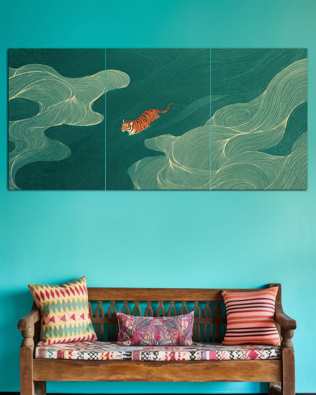 Floating Tiger in Green Waves | Abstract Wildlife Wall Poster | 3 Posters